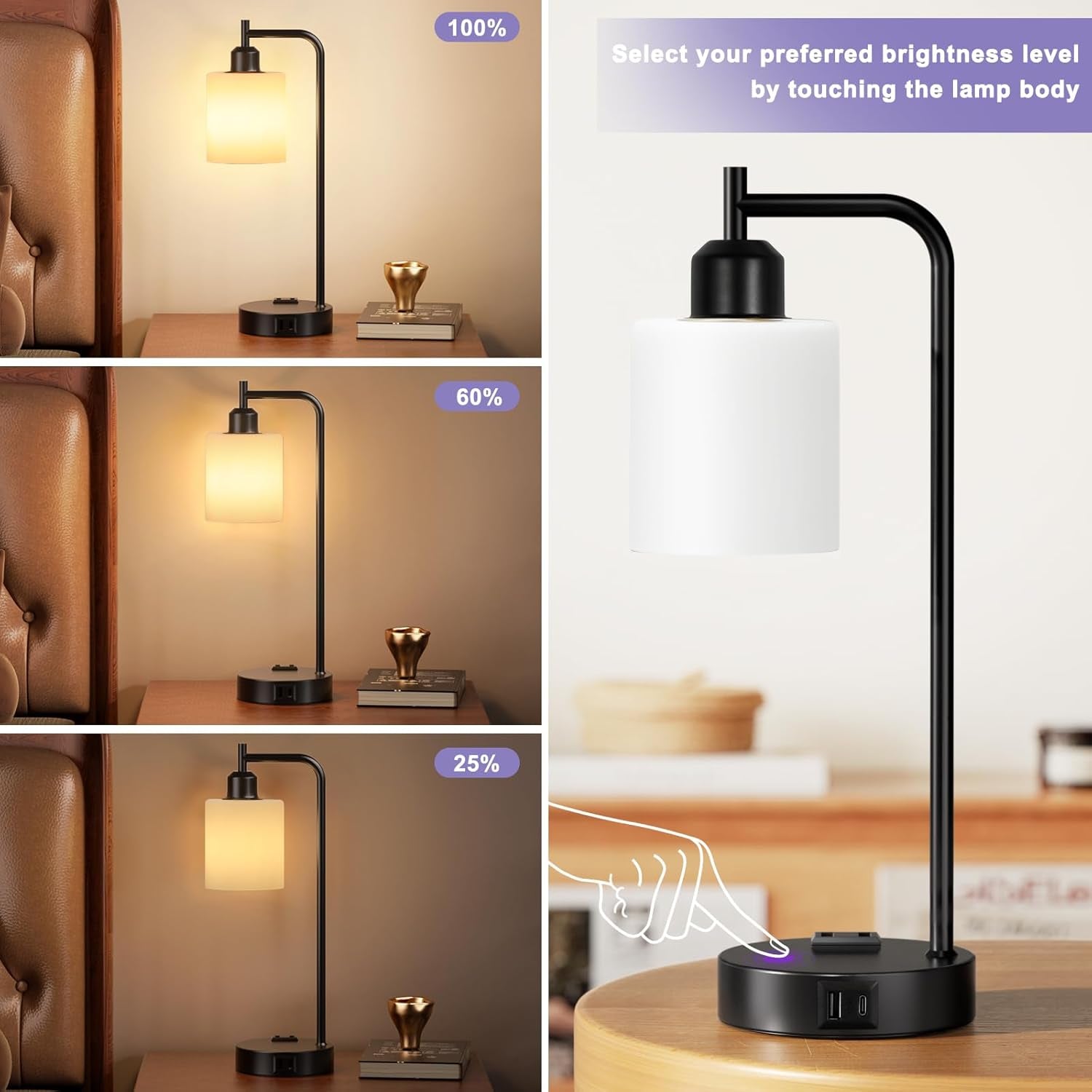 Industrial Touch Bedside Lamps for Bedrooms Set of 2 - 3-Way Dimmable